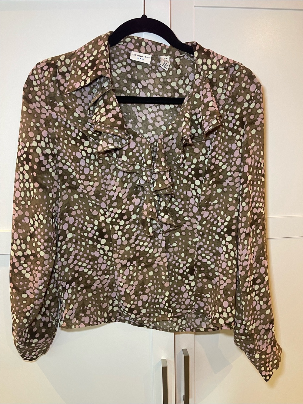 Covington Olive Button-Down Ruffle Blouse with Pink and Mint Dots